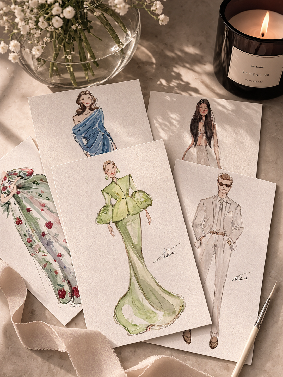 A selection of original fashion illustrations arranged with flowers and a candle